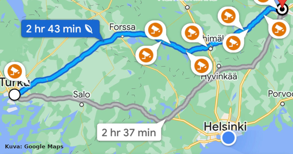 Arjentasapaino.fi: Bensan säästö Google Mapsin avulla Turku-Lahti.